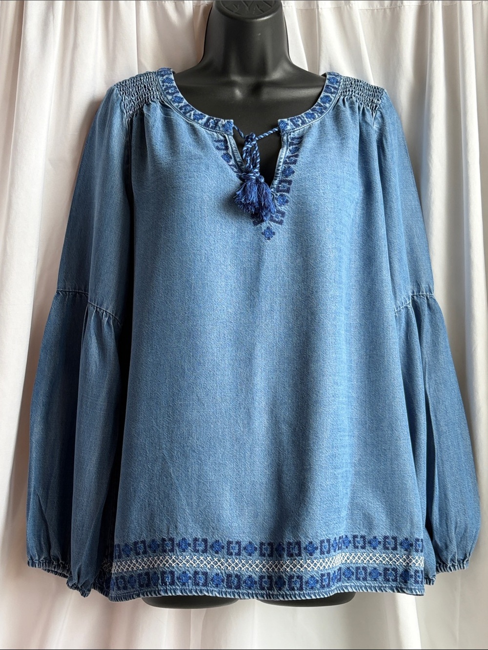 Southern Tide Light Blue Embroidered Peasant Tunic
